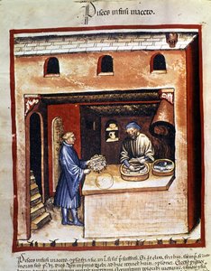 Bereiding van zeevis in azijn. Illustratie uit de melk van geneeskunde en diëtetiek "Tacuinum sanitatis" door Unknown artist