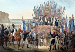 Uitreiking van het Legioen van Eer door Napoleon Bonaparte in de Terlincthum-vallei in Boulogne (16 augustus 1804) Gravure - Parijs, Musée de l