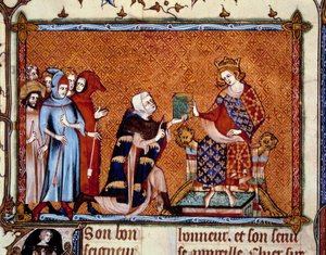 Presentatie van het boek: Jean de Joinville (1224-1317) biedt zijn boek aan Lodewijk, koning van Navarra, de toekomstige Lodewijk X de Hutin door Unknown artist