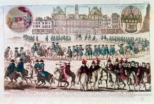 Processie ter gelegenheid van de Vredespublicatieceremonie voor het Stadhuis (Place de Greve). Gravure uit de 18e eeuw B.N. Parijs door Unknown artist