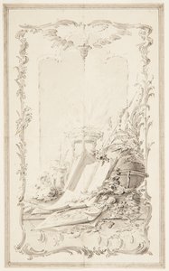 Project voor boekillustratie; Een paneel met attributen van wetenschappen en van een held door Unknown artist
