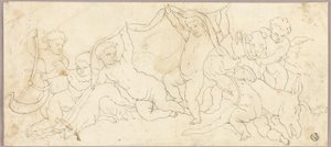 Putti aan het Spelen met Hert en Hond door Unknown artist