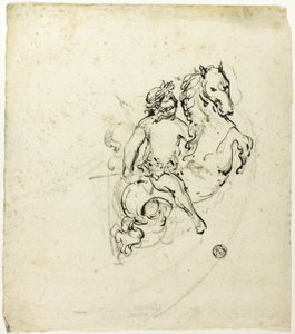 Putto gekroond met lauwerkrans, op steigerend paard door Unknown artist