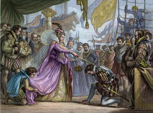 Koningin Elizabeth I (1530-1603) slaat Francis Drake (1540-96) tot ridder - Verzachting door Francis Drake (1540-1596)