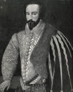 Sir Walter Raleigh (1554-1618). Engelse zeeman, ontdekkingsreiziger en makelaar. Portret van Sir Walter Raleigh. Gegraveerd in 1891, uitgevoerd naar een anoniem origineel dat bewaard wordt in de National Portrait Gallery van Londen. Gravure. door Unknown artist