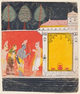 Rama, Sita en Lakshmana bezoeken de hermitage van de wijze Bharadvaja in Prayaga, uit een Ramayana door Unknown artist