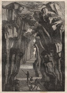 Verkenning van de Amazone (1743-1744) door Charles Marie de La Condamine (1701-1774): Pongo de Manseriche (Peru) kloof van de Rio Maranon die samenkomt met de Rio Ucayali om de Amazone-rivier te vormen - illustratie uit 