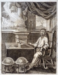 René Descartes (1596 - 1650) in zijn kantoor met wetenschappelijke apparatuur. Gravure uit de 17e eeuw
