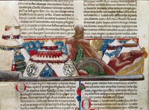 Voorstelling van Julius Caesar (101-44 v.Chr.) zittend bij zijn militair kamp Detail van een manuscriptpagina 