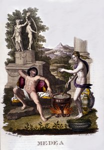 Voorstelling van Medea die zijn vervloekingen voorbereidt na de cyclus van Argonauten. Gravure uit de 19e eeuw.