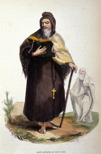Afbeelding van Sint Antonius de Grote, Egyptische kluizenaar (251-356), stichter van het christelijke kluizenaarsleven en Sint Paulus van Thebe. Gravure uit de 19e eeuw