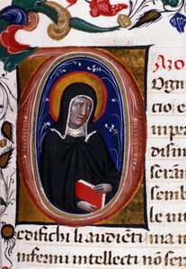 Afbeelding van Sint Clara van Assisi, stichter van de religieuze orde van de Clarissen. Miniatuur uit een 15e-eeuws manuscript.