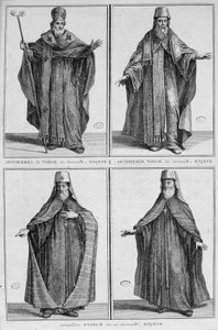 Voorstelling van een Moskouse bisschop in gewone en ceremoniële kleding. Gravure