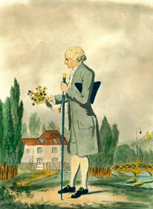 Voorstelling van de Zwitserse filosoof Jean Jacques Rousseau (1712-1778) bloemen plukkend in Ermenonville. Gravure uit de 18e eeuw. Privécollectie.