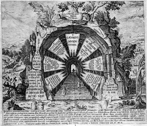 Voorstelling van de ingang van het Huis der Mysteriën, symbolisch voor het eeuwige leven. Gravure van het 