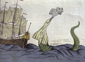 Weergave van de zeeslang gezien door de Noorse missionaris Hans Egede (1686-1758) tijdens zijn reis naar Groenland. Gravure uit de 18e eeuw