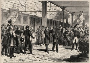 Revolutie van september 1868 in Spanje (Gloriosa): aankomst van Salustiano Olozaga (1805-1873) in Madrid. Gravure in 