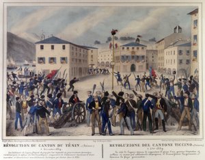 Revolutie van het kanton Ticino in Zwitserland op 5 december 1859. Gravure uit de 19e eeuw