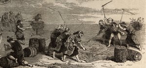 Rijstteelt: laatste stap, met behulp van de bloem en molen worden de rijstkorrels gescheiden van hun stengel en schil, en vervolgens zorgvuldig opgeslagen in gevlochten strodozen. Gravure ter illustratie van de reis naar Japan in 1863-1864, door Aime Humb