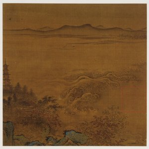 Rivierlandschap: een pagode, schuimende stroomversnellingen, verre heuvels door Unknown artist