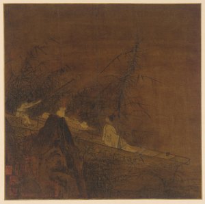 Rivierscène: een boot tussen wilde bamboe door Unknown artist