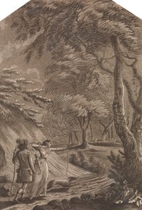 Robin Hood en Clarinda jagen op herten in een boslandschap door Unknown artist