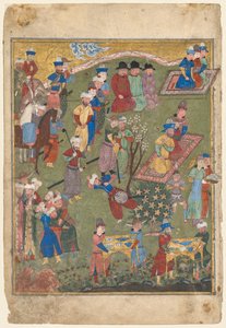 Koninklijke ontvangst in een landschap, linker folio van het dubbele frontispice van een Shahnama (Boek der Koningen) van Firdausi (Perzisch, circa 940-1019 of 1025) door Unknown artist