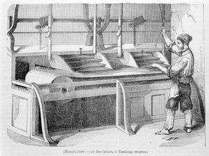 Koninklijke Tabaksfabriek: Groothandel zeven van tabak. Gravure uit de 19e eeuw.