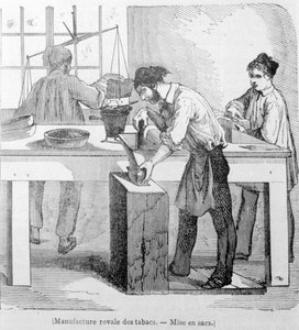 Koninklijke Tabaksfabriek: de tabakszak. Gravure uit de 19e eeuw door Unknown artist