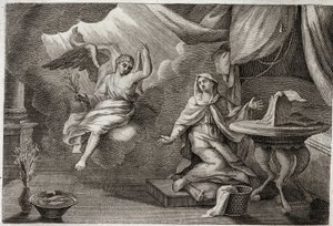 Royaumont Bijbel, Nieuwe Testament: Aankondiging aan de Maagd. Aartsengel Gabriël is gekomen om een boodschap aan Maria over te brengen. Illustratie uit 1811. door Unknown artist
