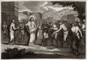 Royaumont Bijbel, Nieuwe Testament: De tien melaatsen. Jezus Christus geneest tien melaatsen. Illustratie uit 1811. door Unknown artist
