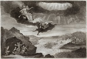 Royaumont Bijbel, Nieuwe Testament: De vijfde en zesde bazuin van de Openbaring. De sprinkhanen en de vier engelen. Illustratie uit 1811.