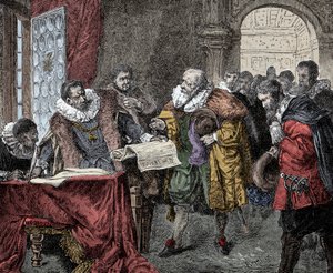 Rudolf II verleent de Majesteitsbrief - Keizer Rudolf II van Oostenrijk (1552-1612) verleent de Majesteitsbrief in 1609 (godsdienstvrijheid aan het Koninkrijk Bohemen) door Unknown artist