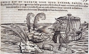 Zeelieden gooien vaten in zee om monsters af te leiden. Gravure in 