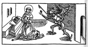 Sint Antonius de Grote (of Sint Antonius de Kluizenaar of Sint Antonius de Abt) verleid door de demon. Gravure uit 