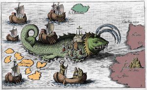 Sint Brendan (Brandan), held en Ierse heilige van de 6e eeuw, viert de mis op de rug van de reusachtige walvis Jasconius. Legende zegt dat zijn boot werd gedragen op de rug van een walvis. Kleurrijke gravure 17e eeuw door Unknown artist