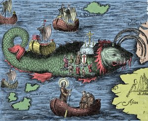 Sint Brendan (Brandan), held en Ierse heilige uit de 6e eeuw, viert de mis op de rug van de reuzenwalvis Jasconius. Legende zegt dat zijn boot werd gedragen op de rug van een walvis. Gekleurde gravure uit 