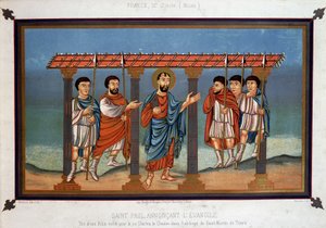 Sint Paulus verkondigt het Evangelie - uit een Bijbel geschreven voor koning Karel de Kale in de Abdij van Sint Martin van Tours, 9e eeuw door Unknown artist