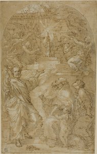 Sint Petrus, Sint Augustinus en een vrouwelijke heilige in aanbidding van de eucharistie