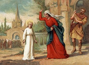 Sainte Genevieve (422-502), beschermheilige van Parijs, mishandeld door haar moeder. Chromolithografie rond 1890