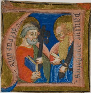 De heiligen Petrus en Paulus in een historische initiaal "N" uit een koorboek door Unknown artist