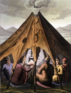 Sami-volk: inheemse mensen die in de landen van de noordelijke landen (Noorwegen, Finland, Zweden en Rusland) rond een vuur onder een tent verzamelen. Gravure uit de 19e eeuw