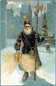 Kerstman in de nacht met lantaarn. 19e eeuwse ansichtkaart. door Unknown artist