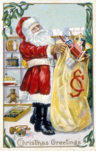 Kerstman bereidt cadeaus voor - Kerstkaart. Amerikaanse wenskaart sd. eind 19e eeuw. door Unknown artist