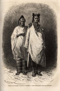 Sarakolese en Kassonkese vrouwen, bevolkingen van Boven-Senegal, in traditionele kleding. Gravure ter illustratie van een cruise langs de kust van Afrika, door Vice-Admiral Fleuriot de Langle, in 1868, gepubliceerd in 