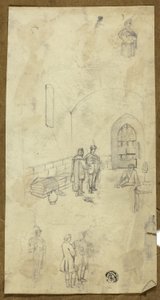 Scène in gevangeniscel met schetsen van andere figuren door Unknown artist