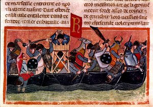 Scène van een zeeslag. Miniatuur uit een Frans codex op perkament "Feiten van de Romeinen" die de oude geschiedenis tot Julius Caesar vertelt (101 v.Chr.-44 v.Chr.). 13e eeuw Venetië, Biblioteca Marciana