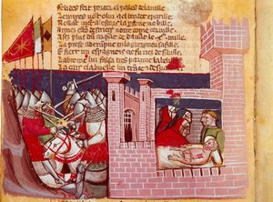 Scène van de Slag bij Roncesvalles in 778. Slag tussen het leger van Karel de Grote en de Saracenen waarbij de ridder Roland werd gedood. Hij is rechts afgebeeld. Miniatuur uit het codex "De Intocht van Spanje" (Ms.Franc.21) 14e eeuw Venetië, Biblioteca Ma