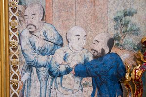 Scènes uit het dagelijks leven in China, detail van het Chinese behang, Chinese kabinet, jachthuis, door Filippo Juvarra, Stupinigi, Piëmont, Italië