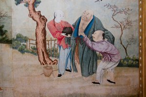 Scènes uit het dagelijks leven in China, detail van het Chinese behang, Chinees kabinet, Jachthuis, door Filippo Juvarra (1678-1736), Stupinigi, Piëmont, Italië
